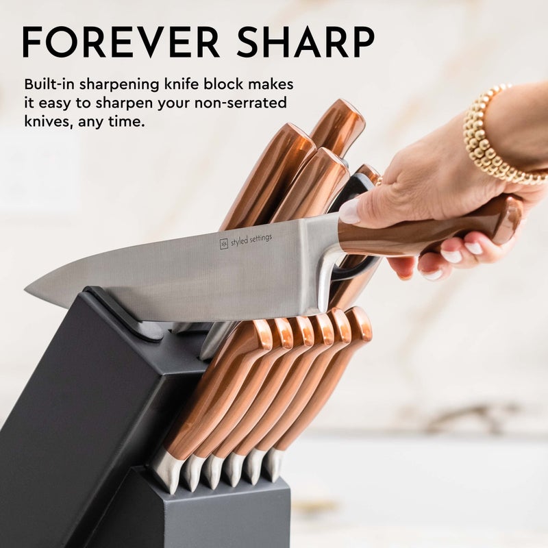 Styled Settings 14-Piece Knife Set with Block & Built-In Sharpener â€“ Ultra-Sharp Full Tang Kitchen Knives â€“ Premium Cooking & Prep Essentials, Copper Handle, Silver Blade & Black Block - Image 2